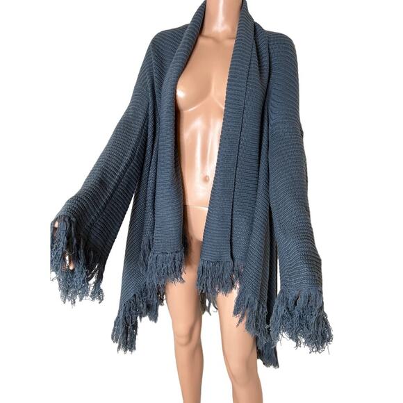 Umgee cardigan sweater tasseled sleeves & hem steel green open front SZ MD - Picture 2 of 9